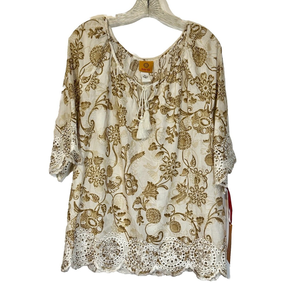 Ruby Rd. Tan Beige Blouse Women Bohemian Sz XL Eyelets Tassels Boho Indie Hippie
